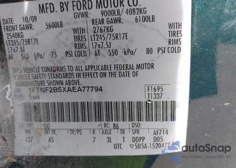 2010 Ford F-250 Xl/Xlt z USA, uszkodzony, nr VIN 1FTNF2B5XAEA77794